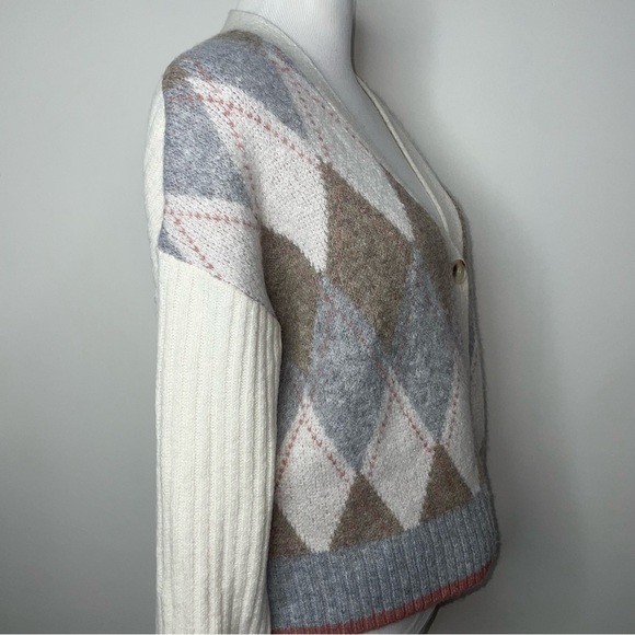 Rachel Zoe Academia Argyle Preppy Cardigan Sweater Size S Neutral Long Sleeve - Picture 2 of 12